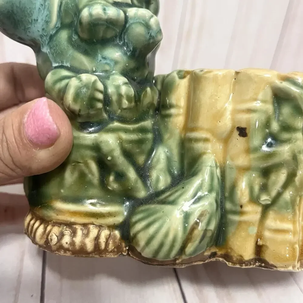 Vintage Ceramic Elephant Planter Green Glaze Bamboo Jungle MCM Kitsch 6”